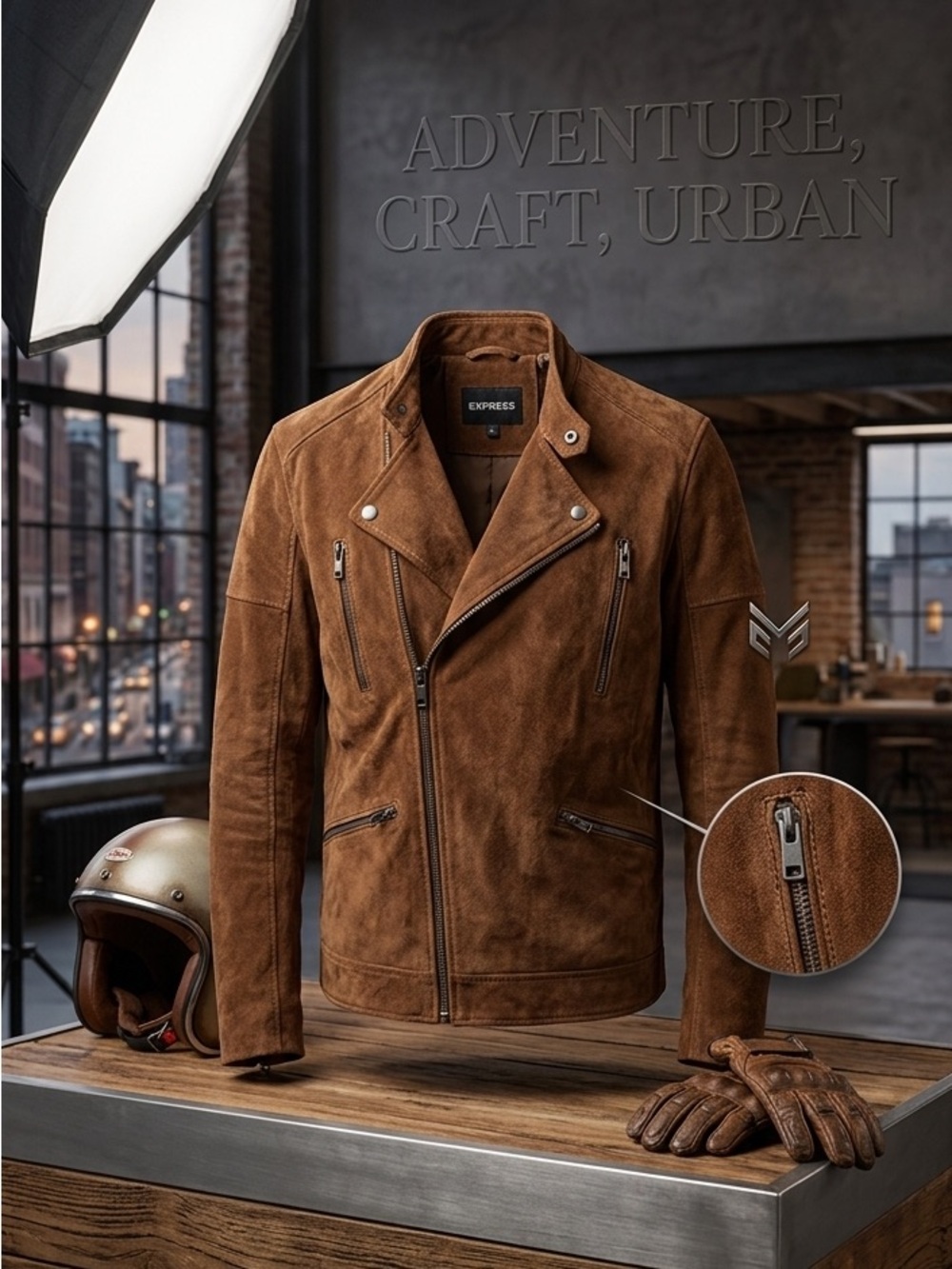 $298 Express Brown suede leather moto jacket L